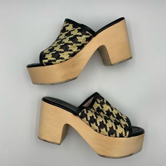Logan Open Toe Leather‎ Raffia Houndstooth Wooden Clog Black Cream Size 36 - Picture 11 of 13